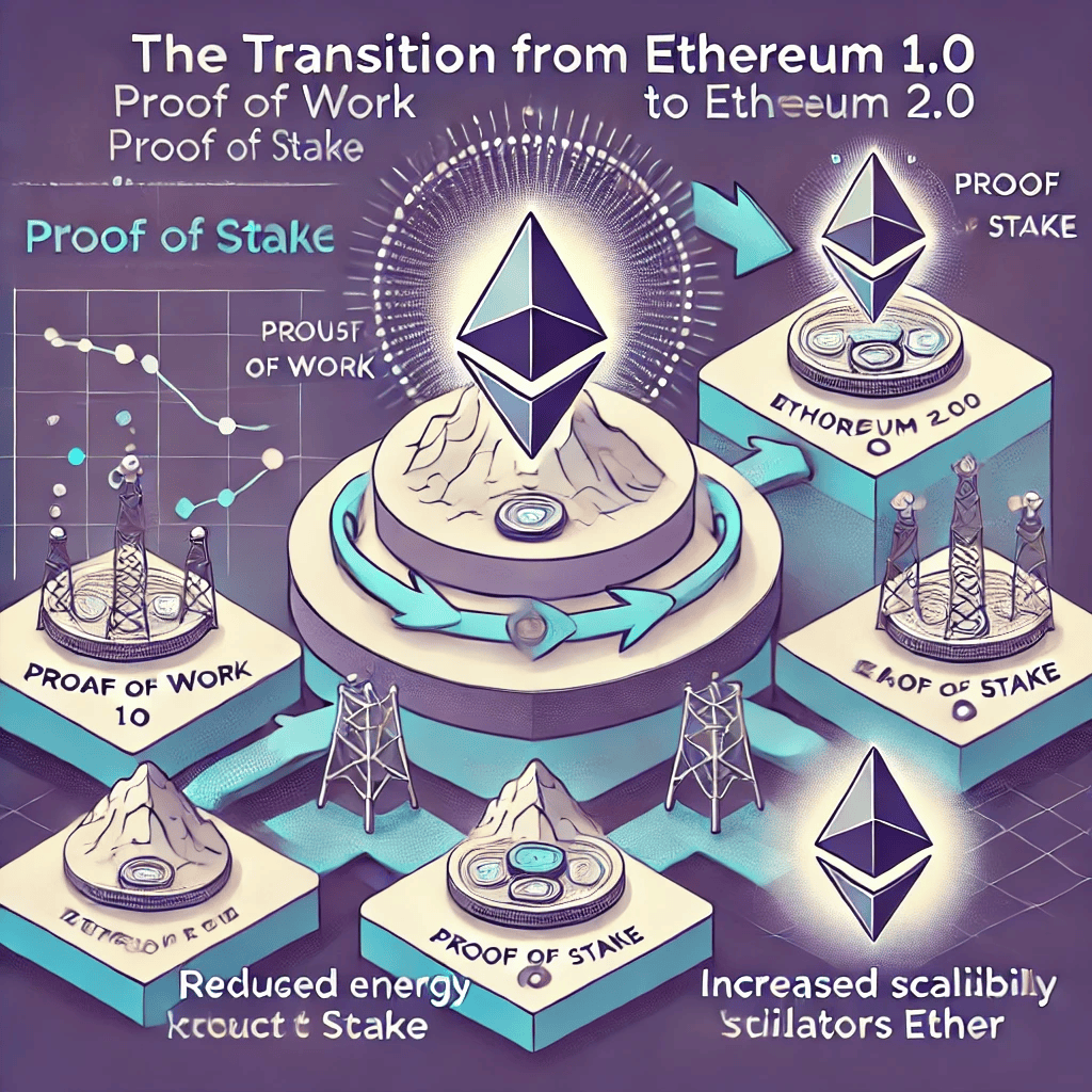 A high-quality infographic depicting the transition from Ethereum 1.0 to Ethereum 2.0. The image shows a blockchain moving from Proof of Work to Proof