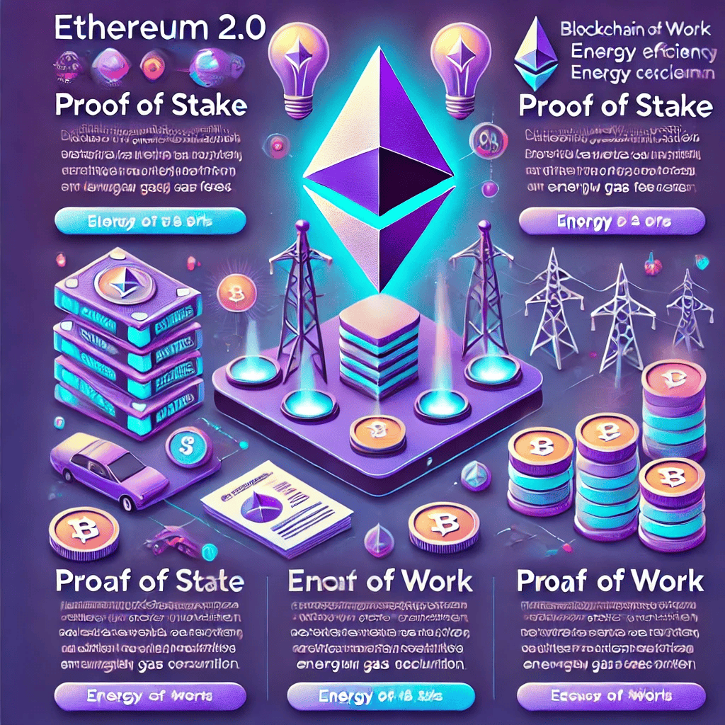 A visually engaging infographic showcasing the benefits of Ethereum 2.0. The image highlights key features like Proof of Stake, scalability, energy ef